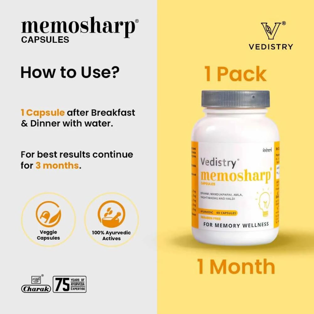 Vedistry Memosharp Capsules For Memory | Ayurvedic & Natural Brahmi, Amla, Mandukparni, Yasthimadhu and Haldi | Pack of 1