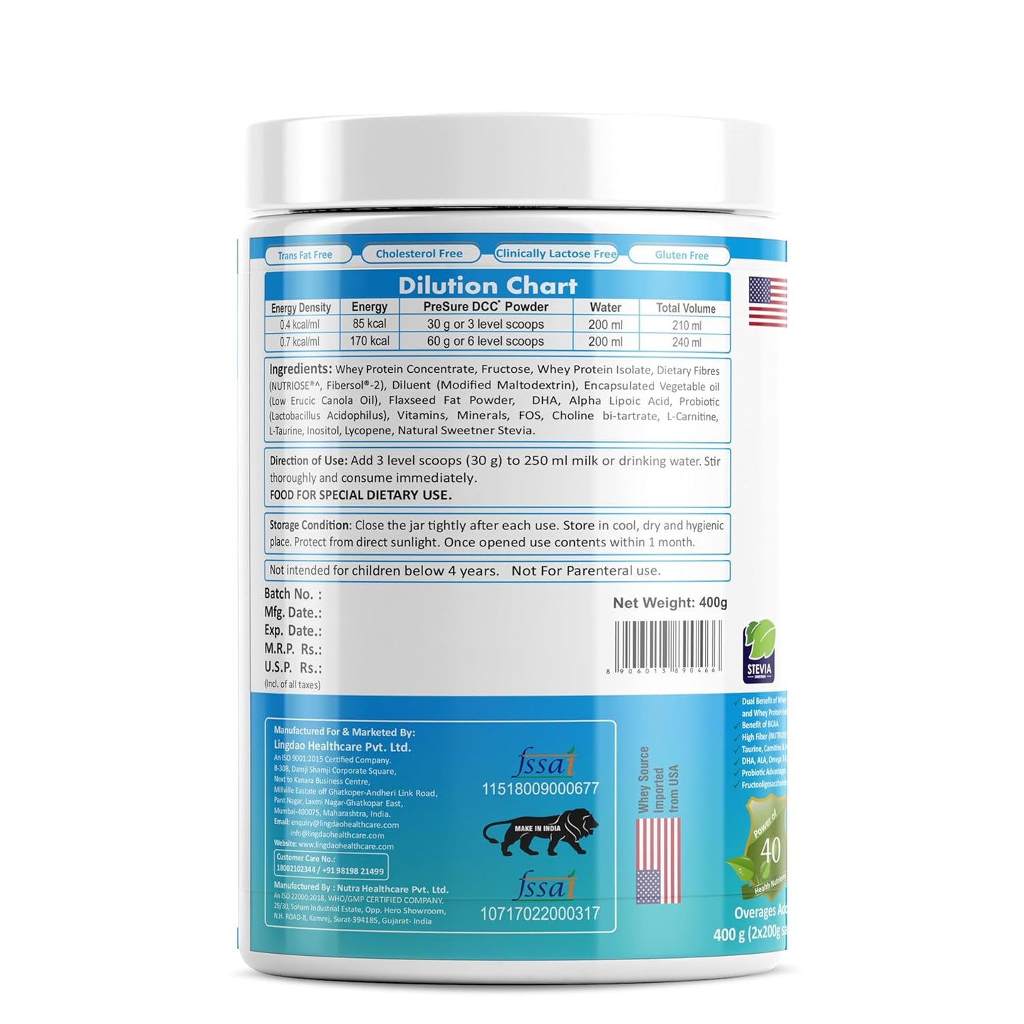 PreSure DCC Diabesity & Cardio Care specialized formula for individuals with Diabetics, Cardiac & Weight Management whey protein French Vanilla Cream Flavour 400GM