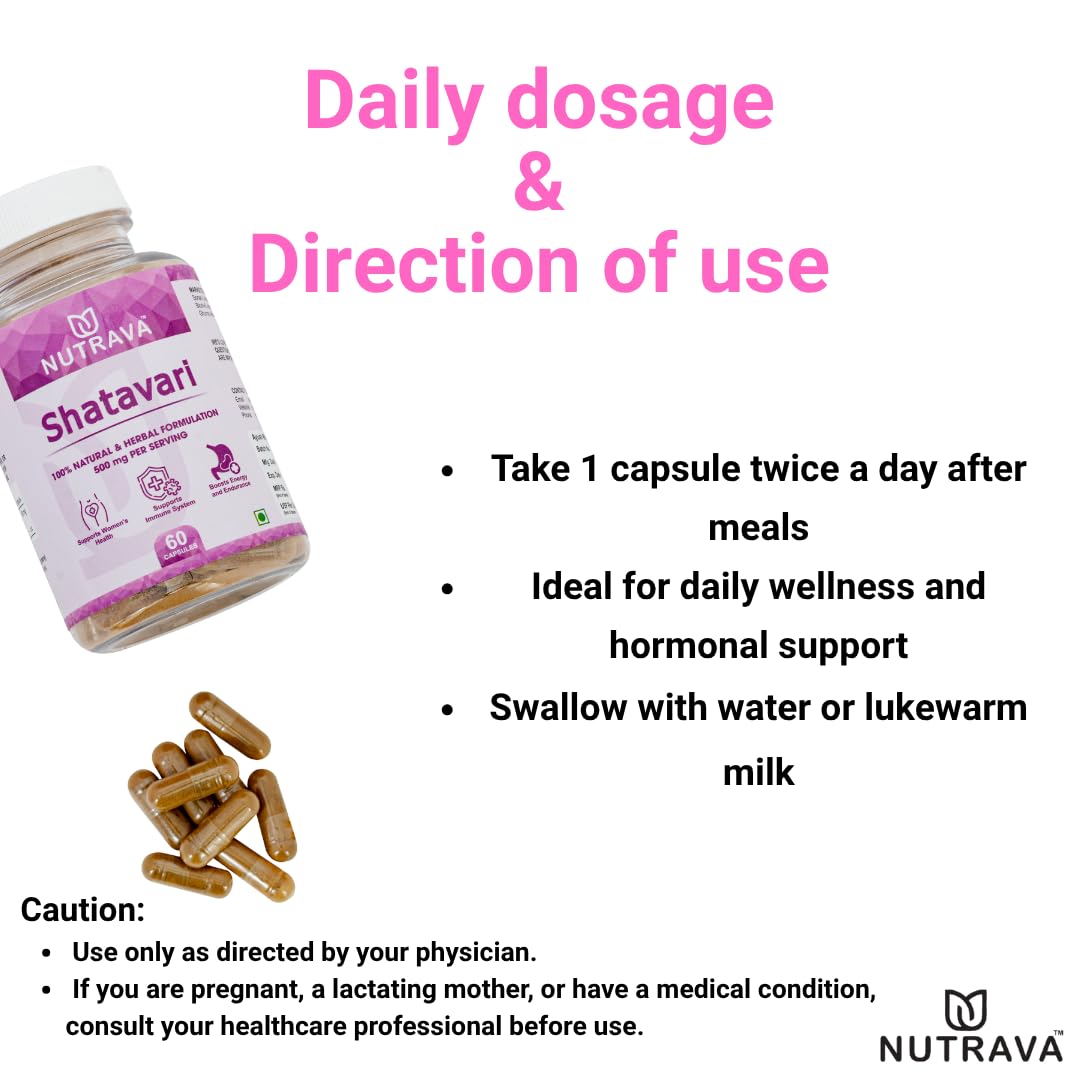 Nutrava Shatavari Capsules 500mg | Ayurvedic Women’s Health Supplement for Hormonal Balance, Reproductive Wellness & Vitality | Herbal Supplement for Men & Women | 60 Veg Capsules