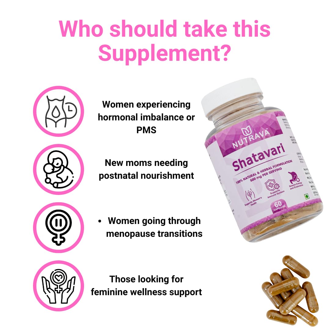 Nutrava Shatavari Capsules 500mg | Ayurvedic Women’s Health Supplement for Hormonal Balance, Reproductive Wellness & Vitality | Herbal Supplement for Men & Women | 60 Veg Capsules