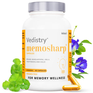 Vedistry Memosharp Capsules For Memory | Ayurvedic & Natural Brahmi, Amla, Mandukparni, Yasthimadhu and Haldi | Pack of 1