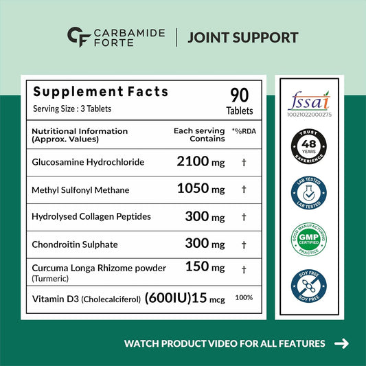 Carbamide Forte Glucosamine Tablets For Joint Support Supplement with Collagen & Glucosamine Chondroitin MSM | Joint Cartilage Support & Muscle Health | Joint Pain Tablets - 90