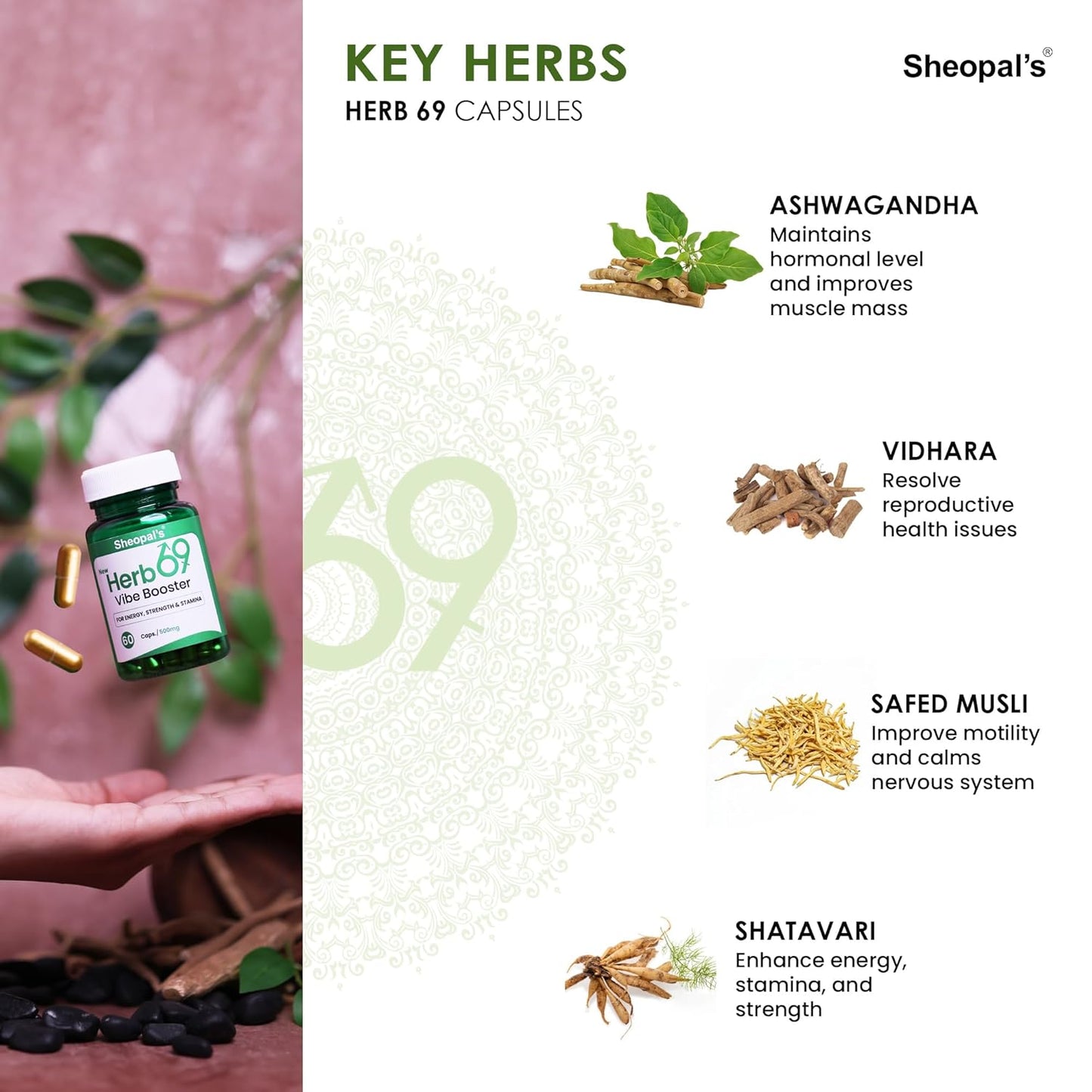 Sheopals Herb 69 Vibe Booster for Men | Ayurvedic Helps Increasing Vitality & Energy Booster | With Shudh Shilajit Safed Musli, Ashwagandha, Shatavari | 60 Capsules | Boosts Stamina & Performance