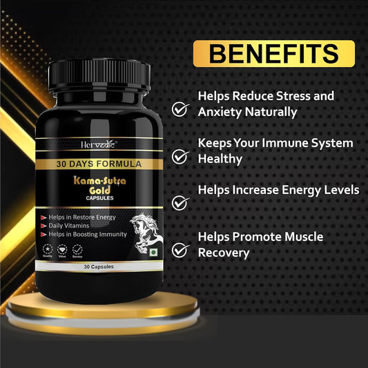 Kama Sutra Gold Capsule with Oil Combo for Men with Shilajit, Safed Musli, Ashwagandha, Gokshura Tablets for For, Muscle Growth & Recovery (30 Capsules)