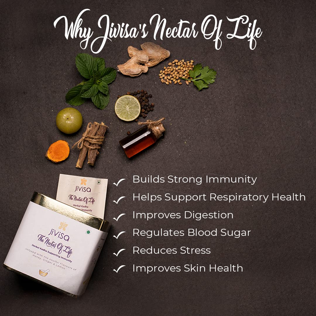 JiViSa The Nectar of Life Herbal Tea for Cold, Cough and Immunity (30 Cups) Kadha with 13 Powerful Herbs, Daily Ayurvedic Tea, Sugar-Free, No-Preservatives Instant Tea Powder Mix Nutraceutical