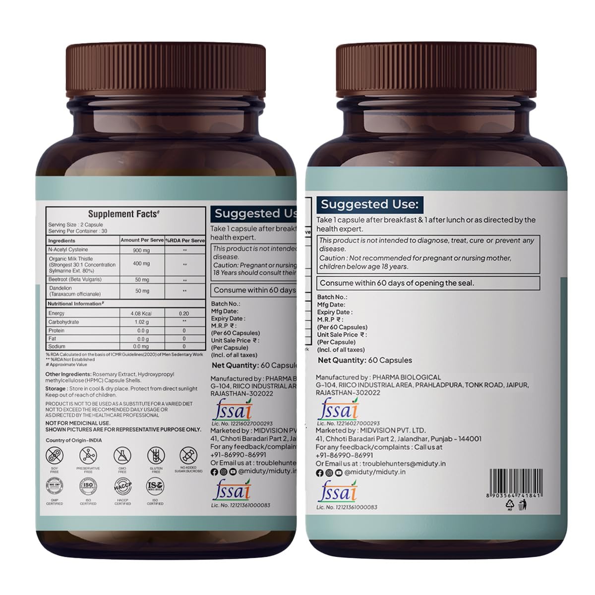 Miduty Liver Detox Supplement Milk Thistle with N-Acetyl Cysteine 900 mg | Natural Body Detox & Digestive Enzymes - Fatty Liver Care | Natural Detoxification Formula - 60 Veg Capsules