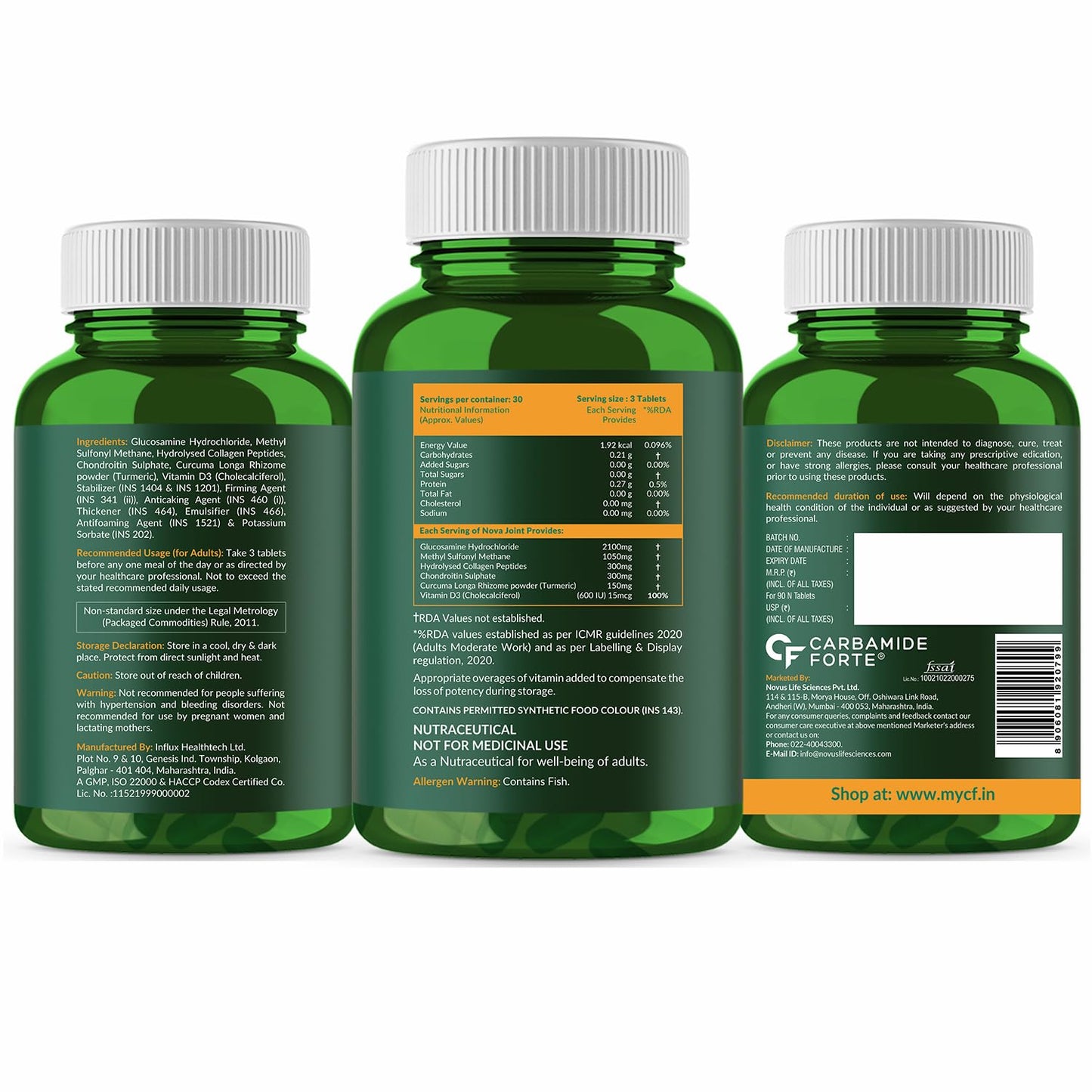 Carbamide Forte Glucosamine Tablets For Joint Support Supplement with Collagen & Glucosamine Chondroitin MSM | Joint Cartilage Support & Muscle Health | Joint Pain Tablets - 90