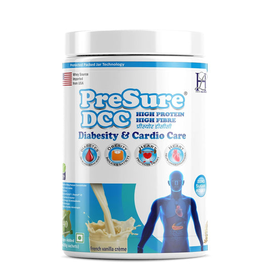PreSure DCC Diabesity & Cardio Care specialized formula for individuals with Diabetics, Cardiac & Weight Management whey protein French Vanilla Cream Flavour 400GM