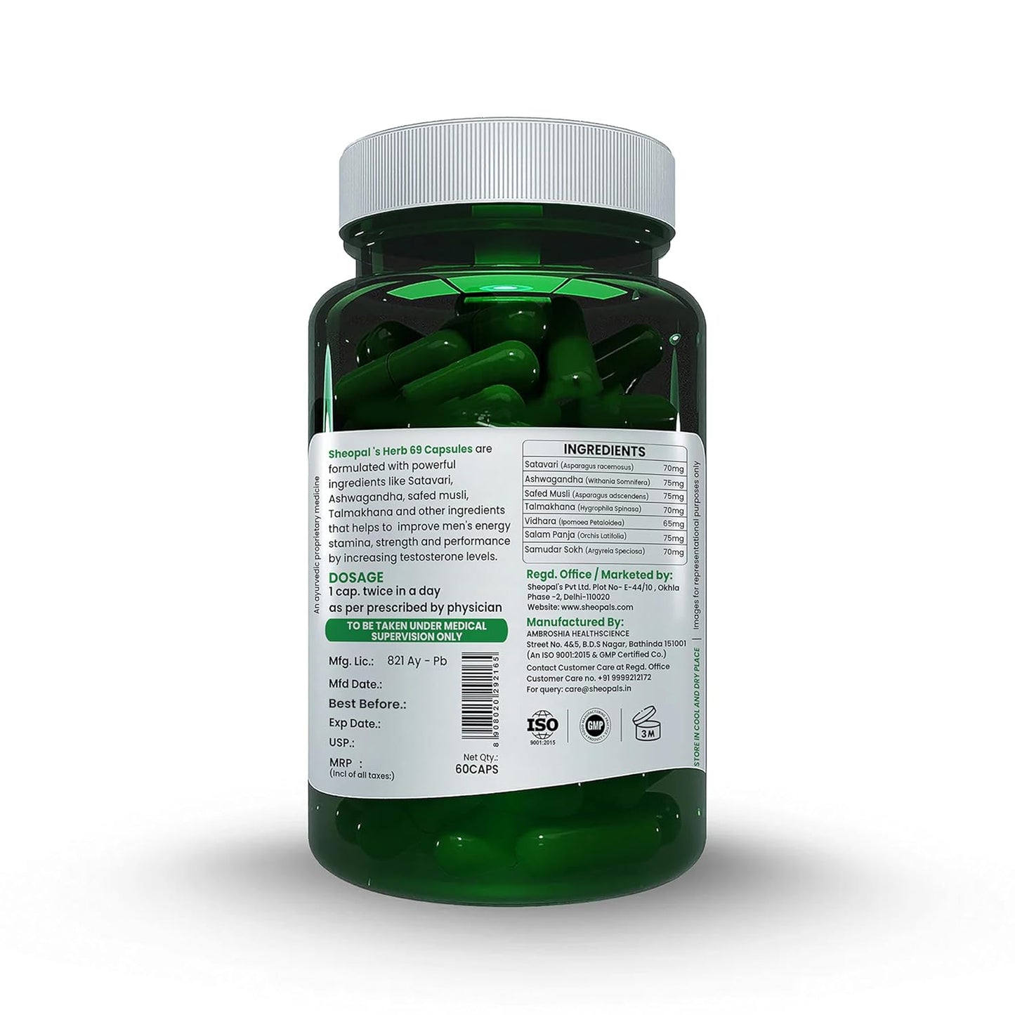 Sheopals Herb 69 Vibe Booster for Men | Ayurvedic Helps Increasing Vitality & Energy Booster | With Shudh Shilajit Safed Musli, Ashwagandha, Shatavari | 60 Capsules | Boosts Stamina & Performance