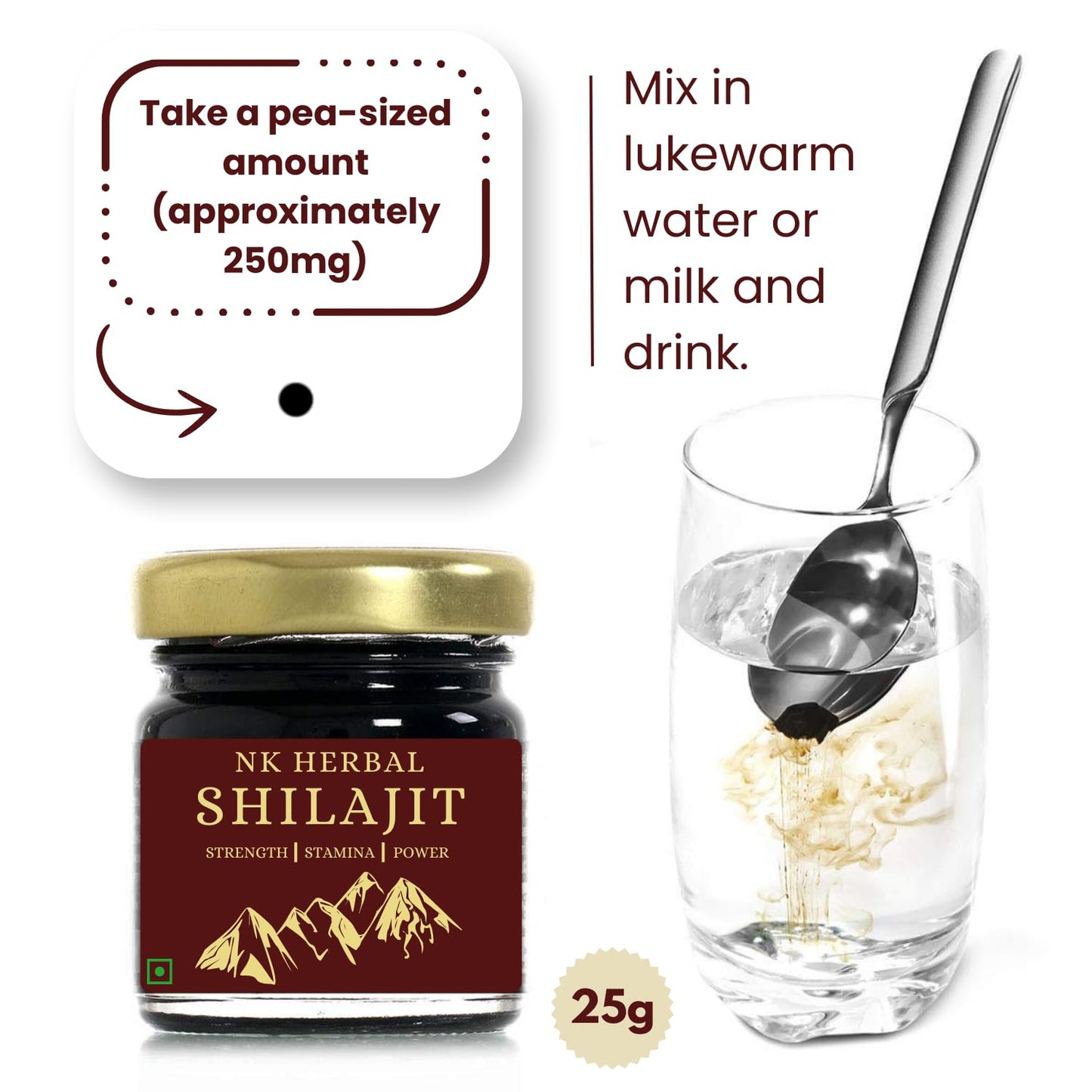 NK Herbal Pure Ayurvedic Shilajit for Men Women | Natural Shilajeet Resin with High Fulvic Humic Acid | For Stamina Strength Endurance Performance Power | Kashmir Origin (25g)