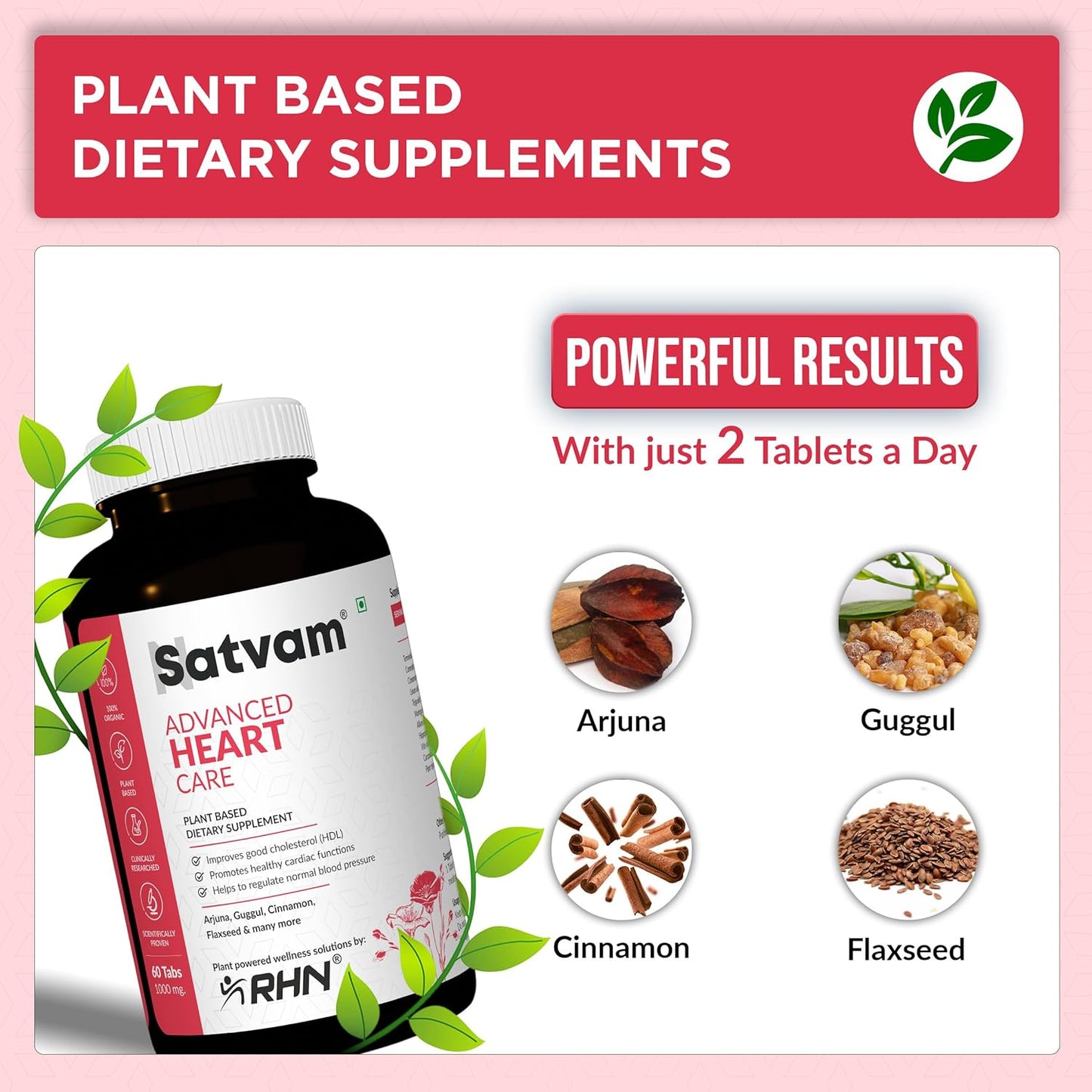 SATVAM Advanced Heart Care Premium Plant-Based Supplement for Natural Heart Support & Cardiovascular Wellness Helps Maintain Healthy Circulation & Heart Function (60 Tablets)