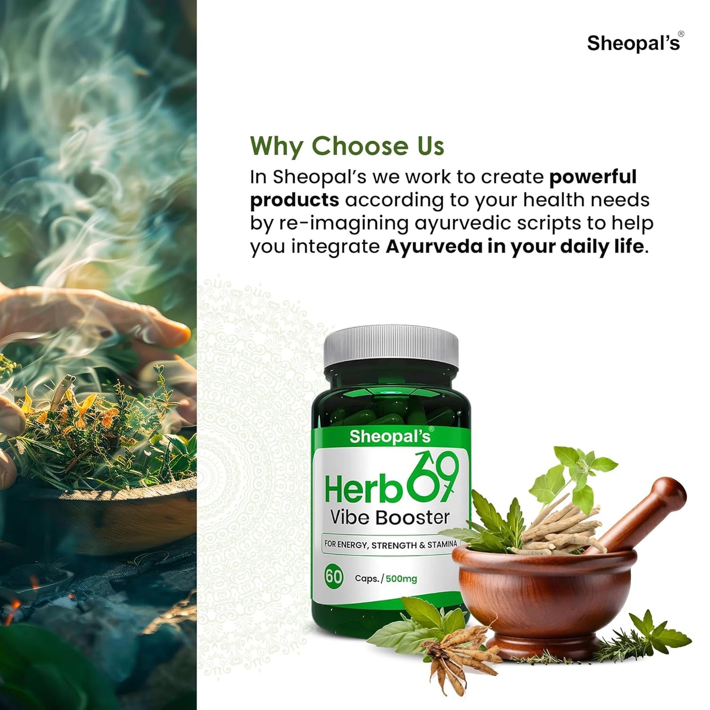 Sheopals Herb 69 Vibe Booster for Men | Ayurvedic Helps Increasing Vitality & Energy Booster | With Shudh Shilajit Safed Musli, Ashwagandha, Shatavari | 60 Capsules | Boosts Stamina & Performance