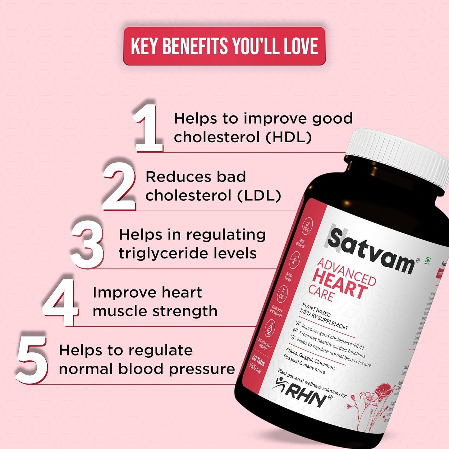 SATVAM Advanced Heart Care Premium Plant-Based Supplement for Natural Heart Support & Cardiovascular Wellness Helps Maintain Healthy Circulation & Heart Function (60 Tablets)